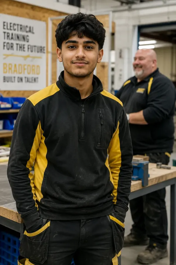 Young apprentice electrician in yellow and black workwear with mentor blurred in the background.