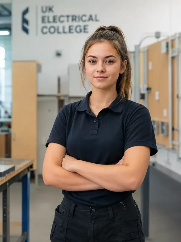 Confident young female electrical student standing in a UK college workshop.