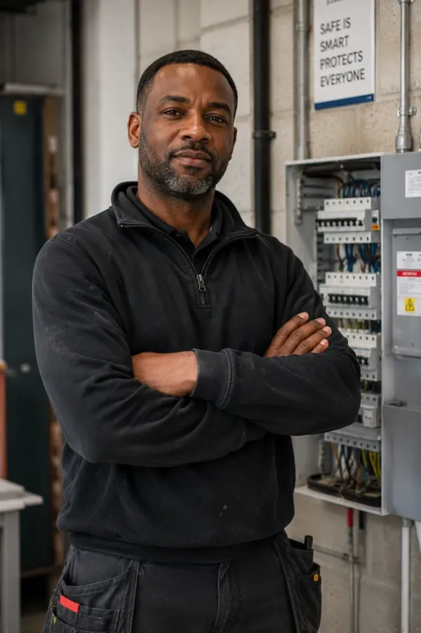 Experienced electrician standing confidently beside an electrical panel.