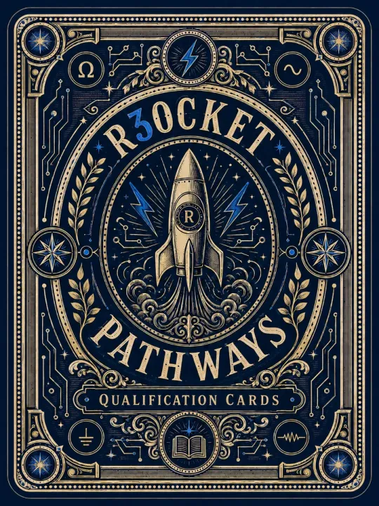 Vintage R3OCKET Pathways Qualification Cards back design with rocket emblem.