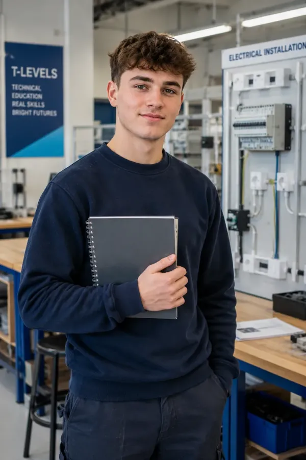 Young technical learner in a modern electrical training lab holding a notebook.