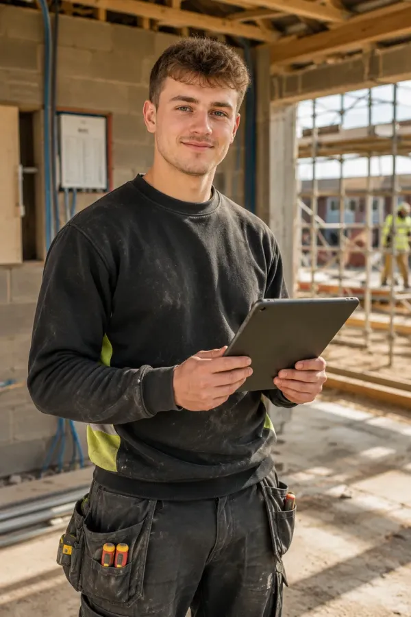 Young electrician on a clean construction site holding a tablet for work evidence.